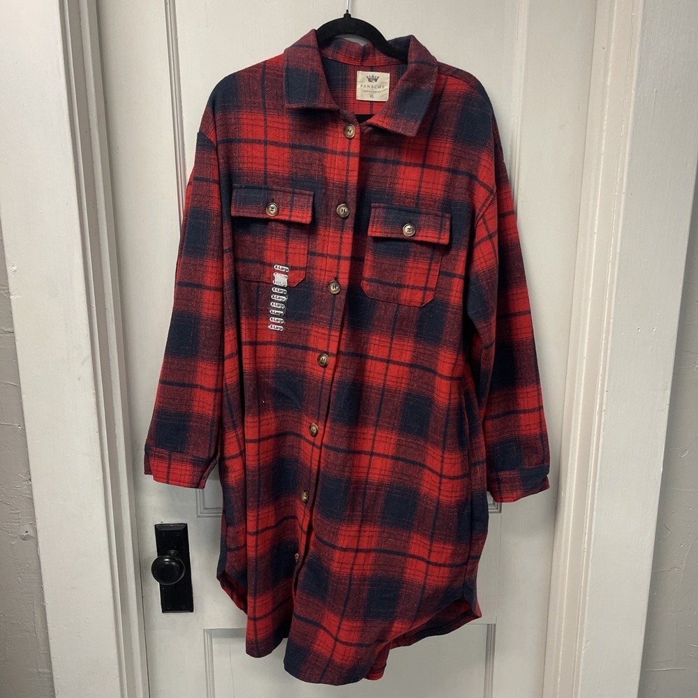 Women Flannel Button Up Shirt/jacket Panache Revival Red Plaid  XL NWOT